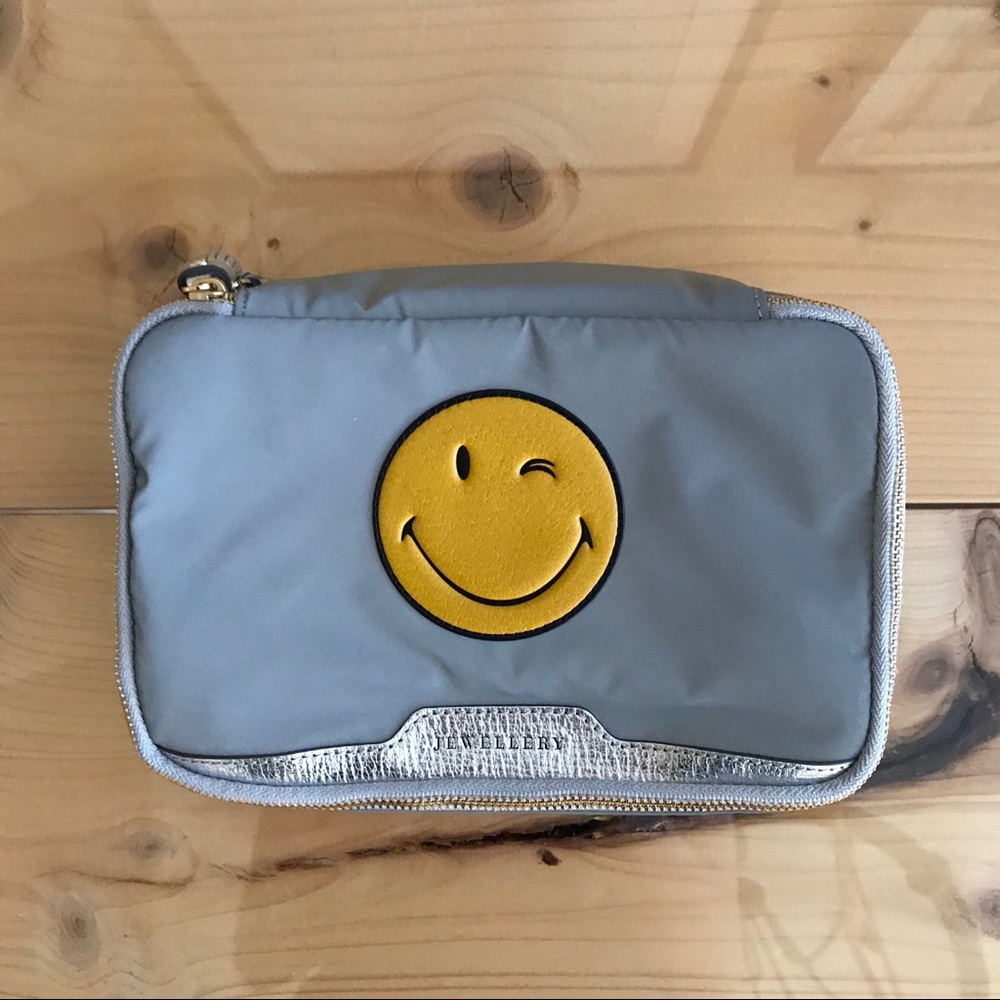 Anya Hindmarch Gray Cosmetic Pouch with Yellow Winking Smiley